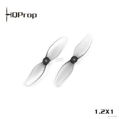 Two translucent grey 2-blade whoop propellers, close-up view with HQProp logo and 1.2x1 text