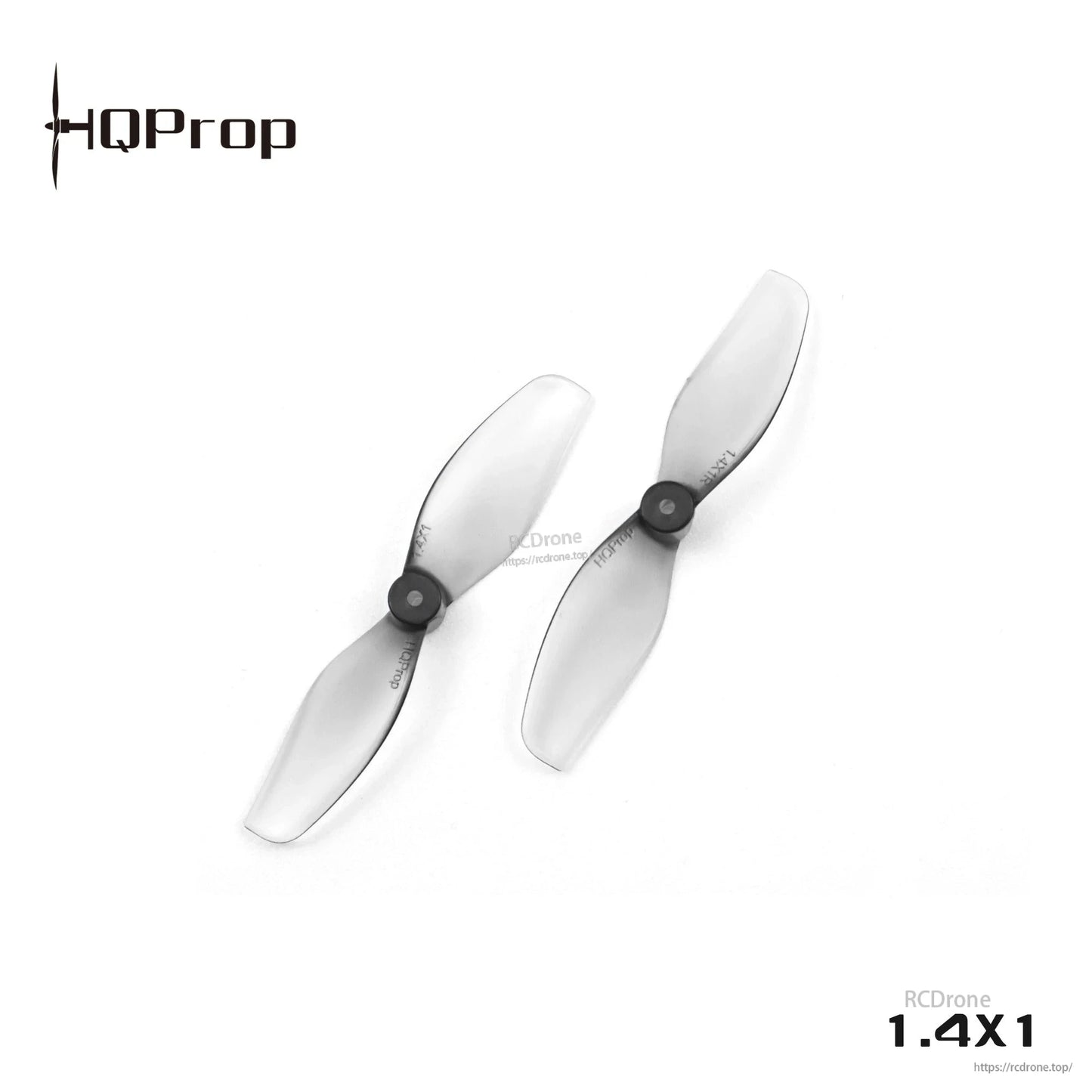 Two translucent HQProp 2-blade micro propellers shown with 1.4x1 marking and RCDrone watermark