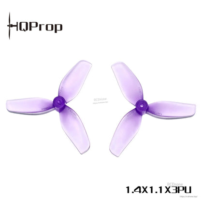 Purple 1.4x1.1x3 tri-blade whoop propeller pair with HQProp branding