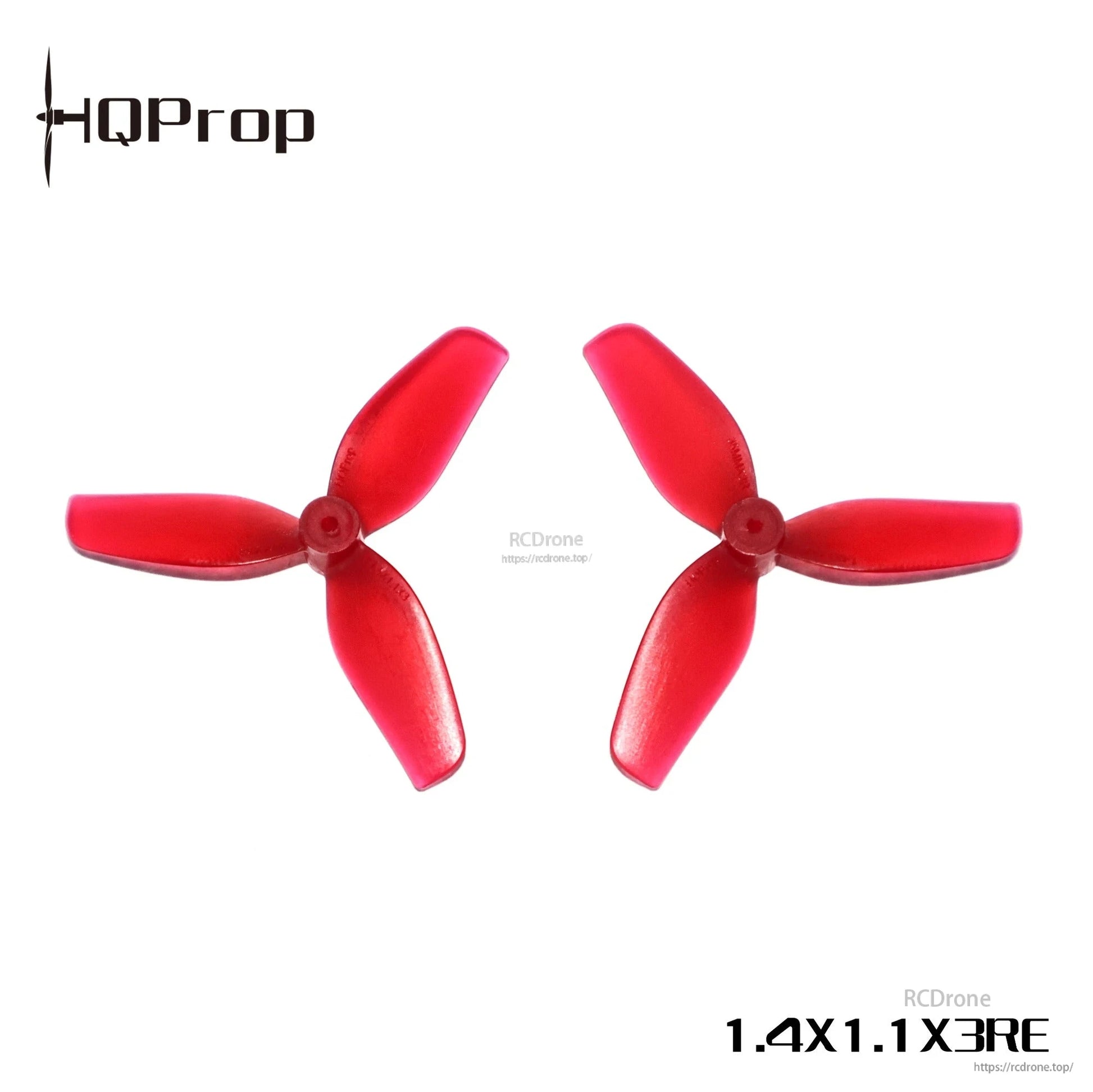 Red 1.4x1.1x3 tri-blade whoop propeller pair with HQProp branding