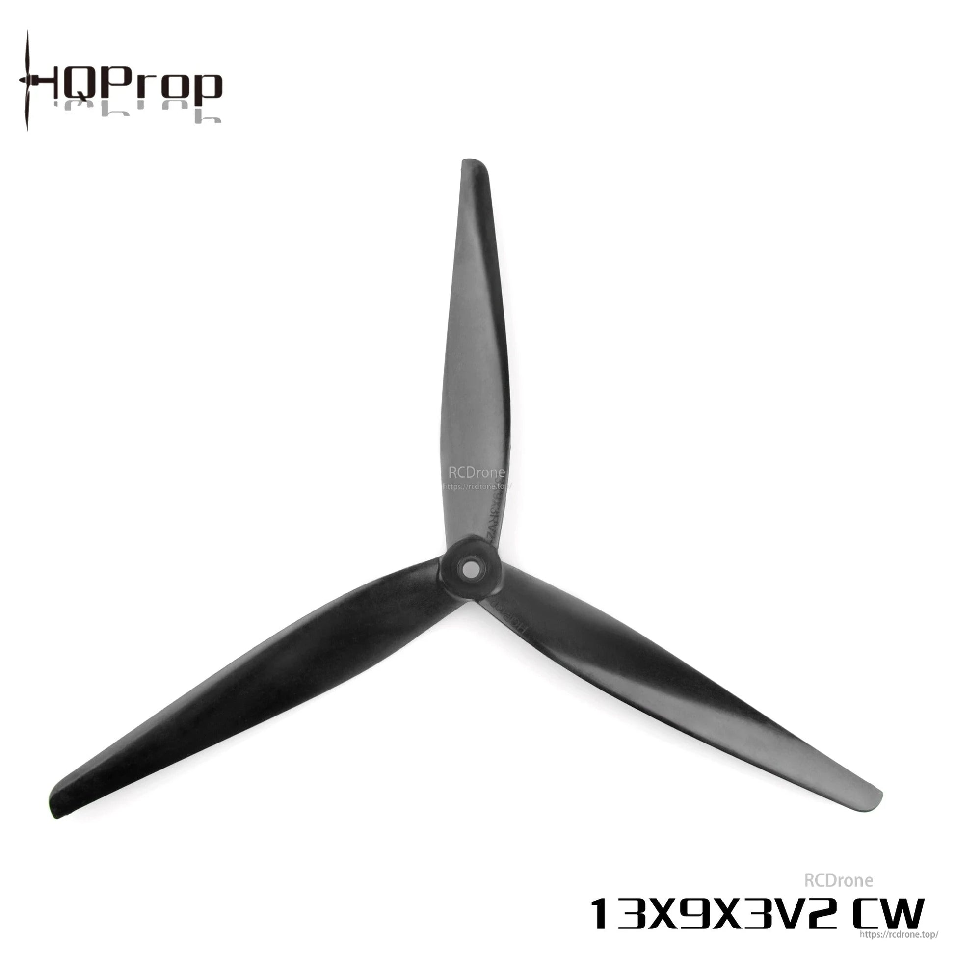 Black 13X9X3V2 CW three-blade propeller showing hub bore and blade profile, with size text overlay