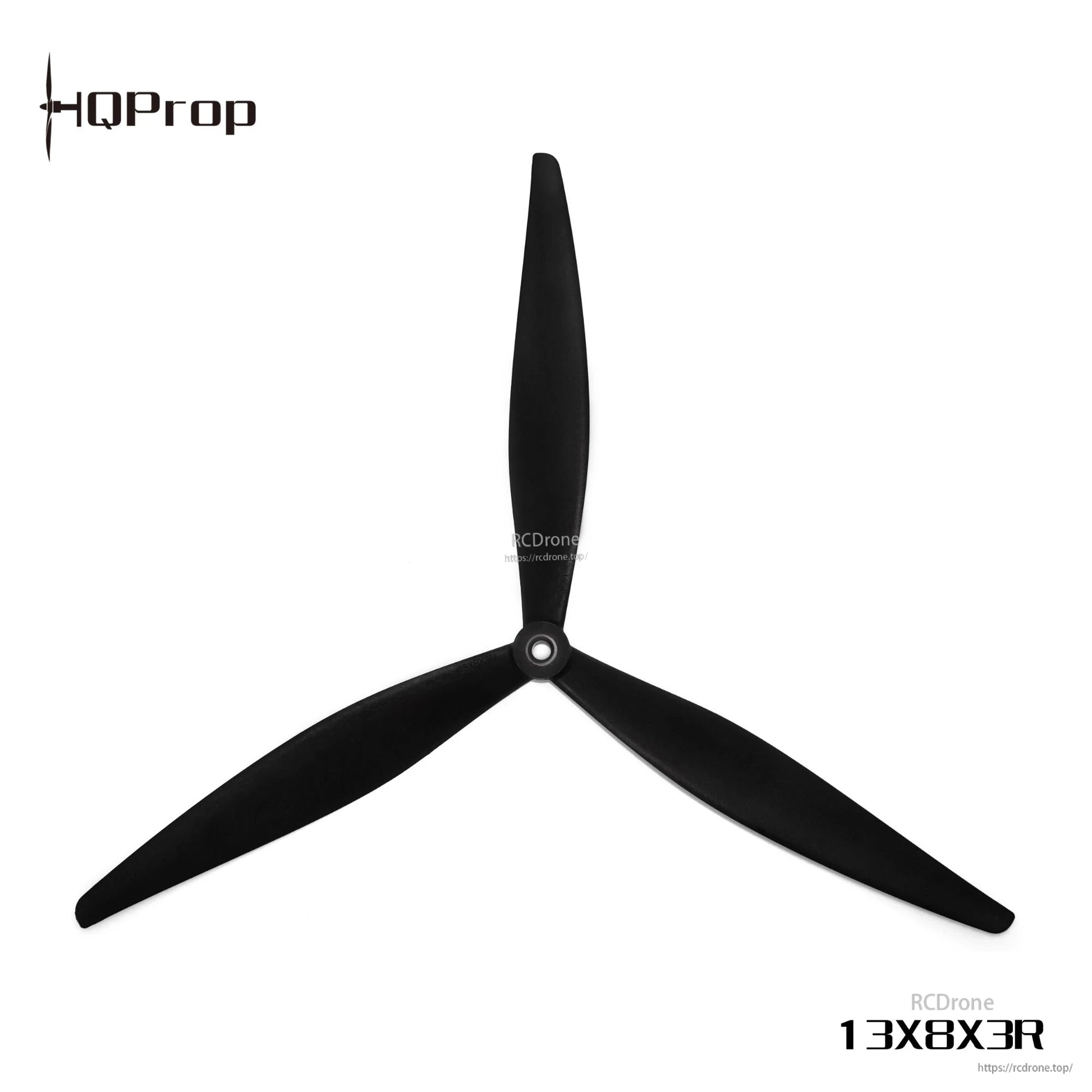 Black 13x8x3R tri-blade propeller on white background with printed size marking
