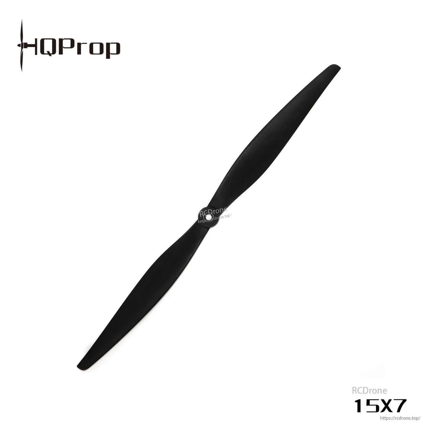 Black two-blade propeller with HQProp logo and 15X7 marking, single prop angle view