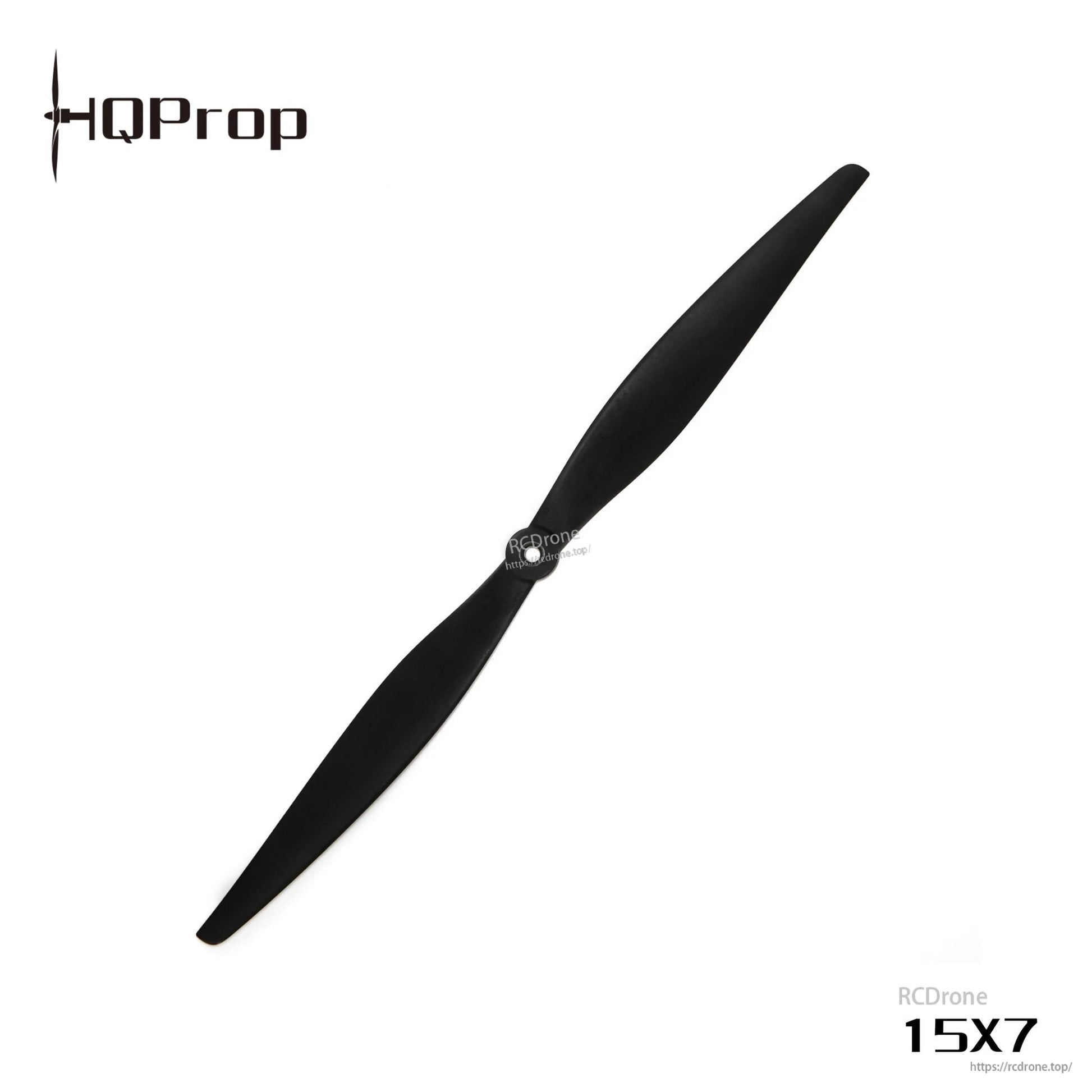 Black two-blade propeller with HQProp logo and 15X7 marking, single prop angle view