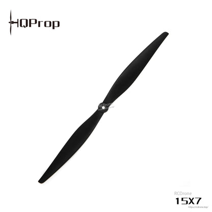 Black two-blade propeller with HQProp logo and 15X7 marking, single prop angle view