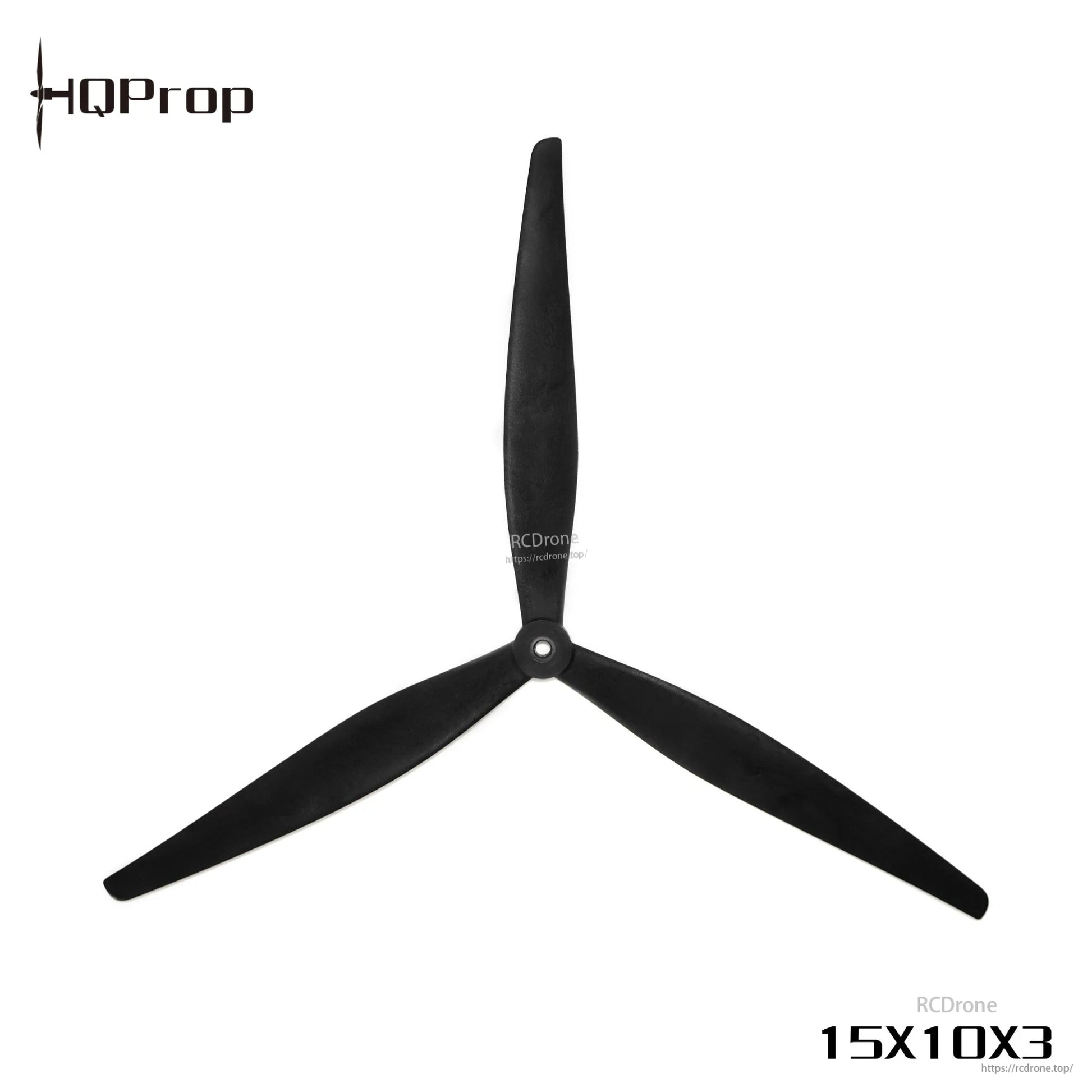 Black three-blade propeller with HQProp logo and 15x10x3 marking, RCDRone watermark