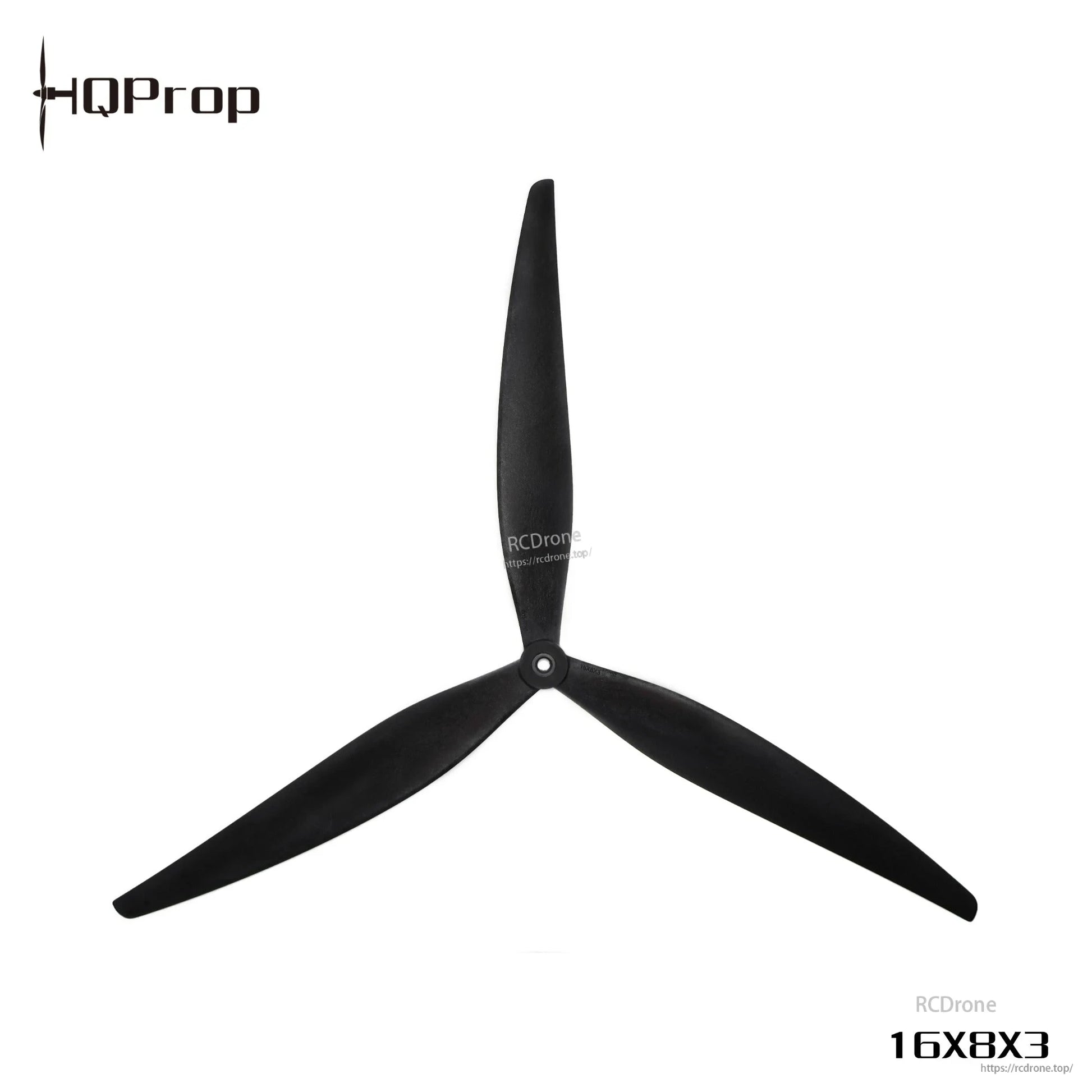 HQProp 16X8X3 propeller, black tri-blade with printed marking on blade, top view