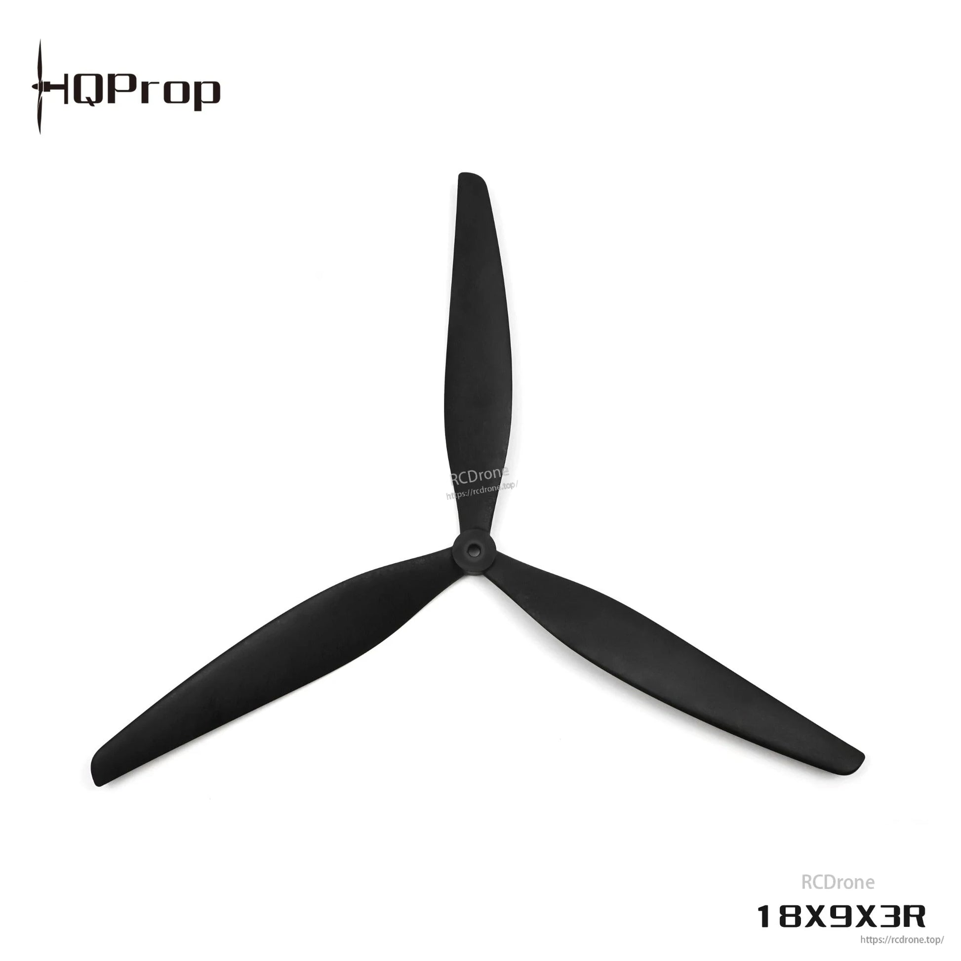 Black 18X9X3R tri-blade propeller, top view with hub detail centered