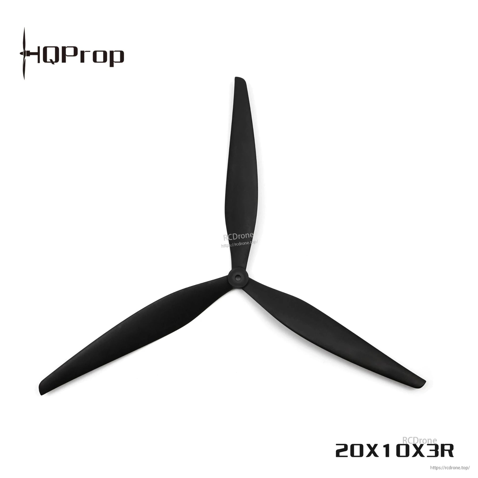 20X10X3R black 3-blade propeller close view showing hub and blade shape, white background
