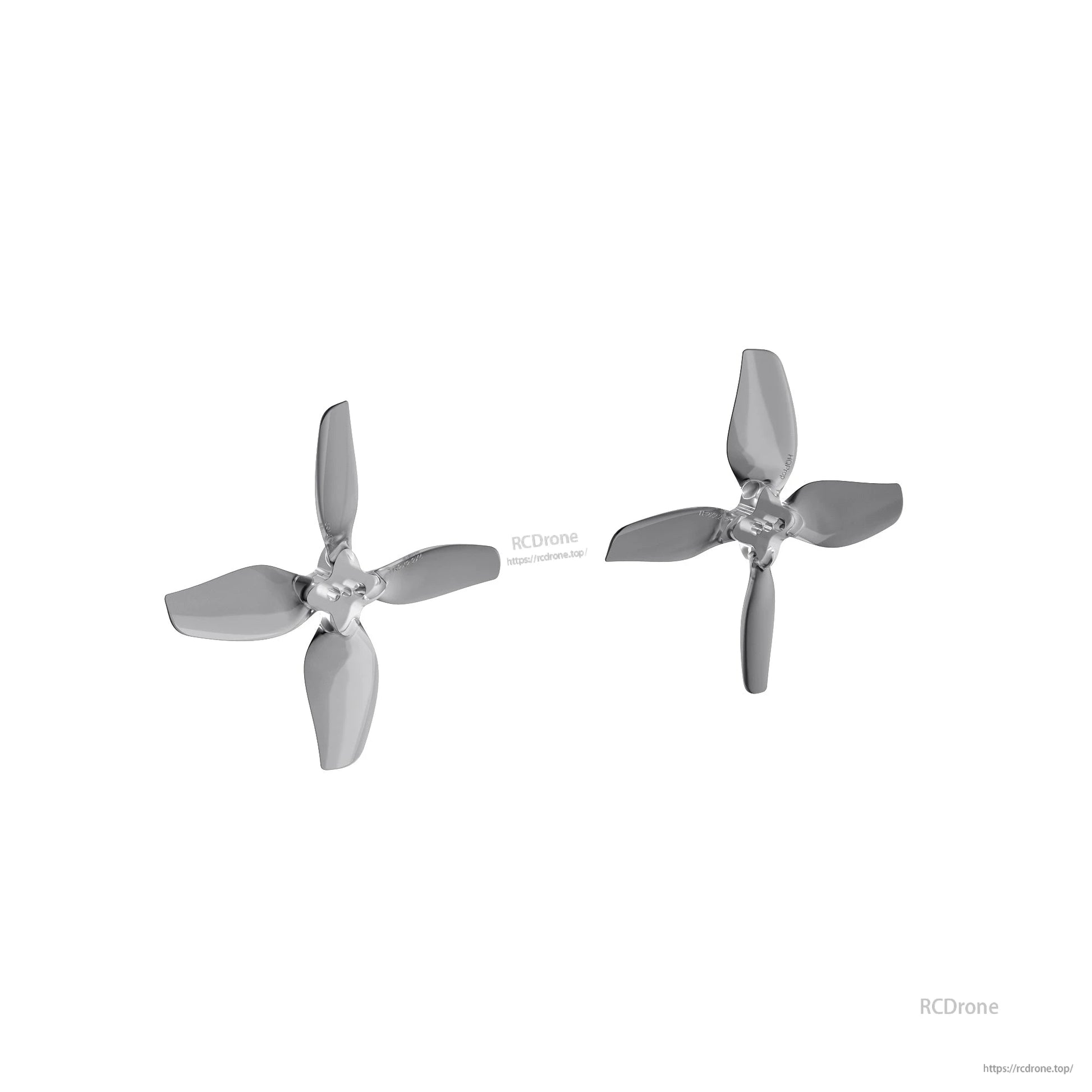 Pair of gray four-blade propellers shown separated, angled orientation to show blade curvature and hub detail