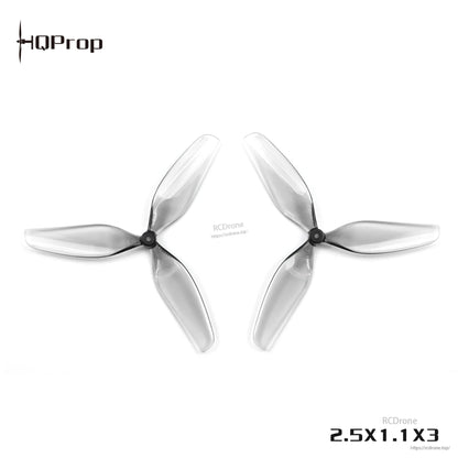Grey 3-blade drone propellers mirrored left and right, top-down view on white background
