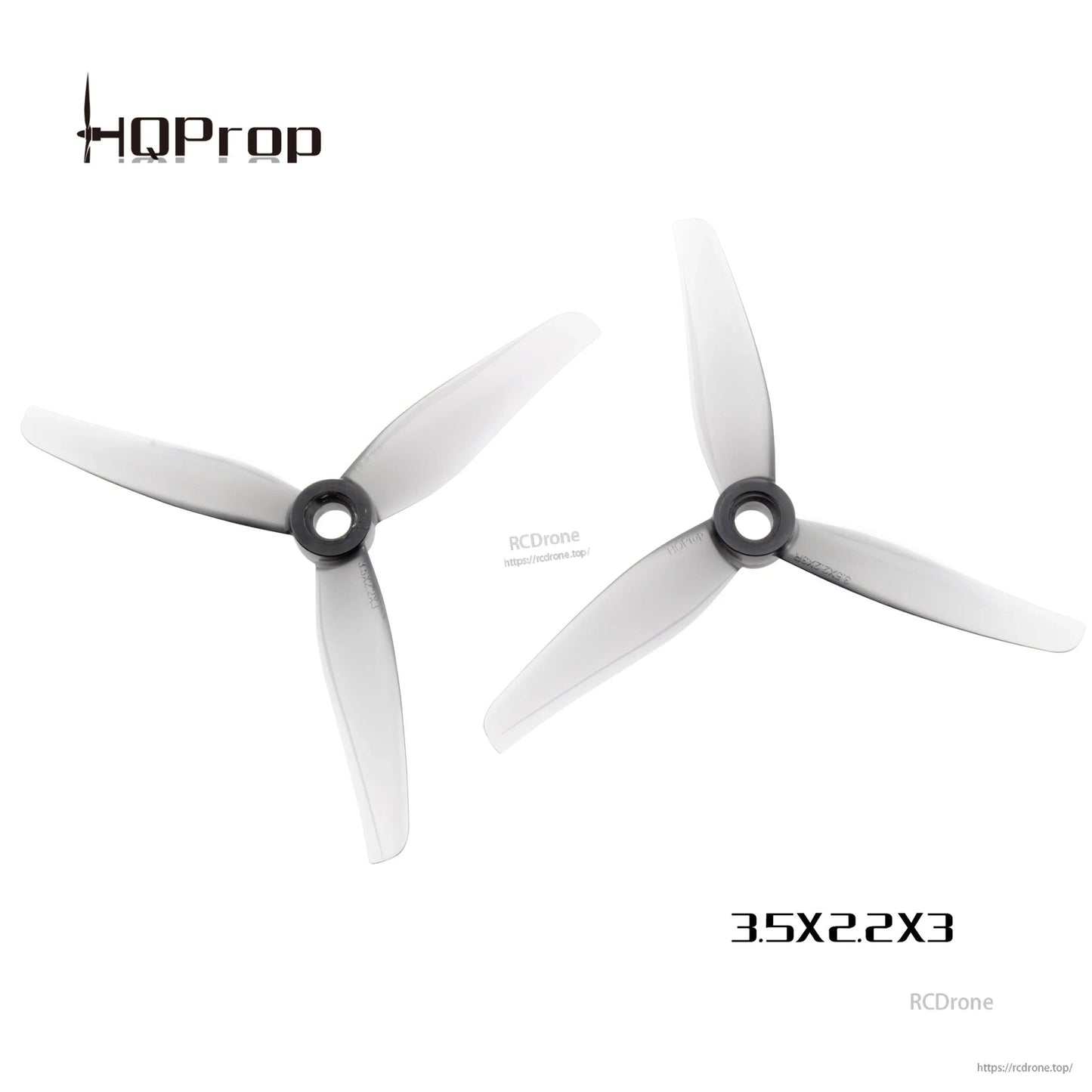 Pair of HQProp 3.5x2.2x3 grey 3-blade propellers shown together, matching 5mm hubs