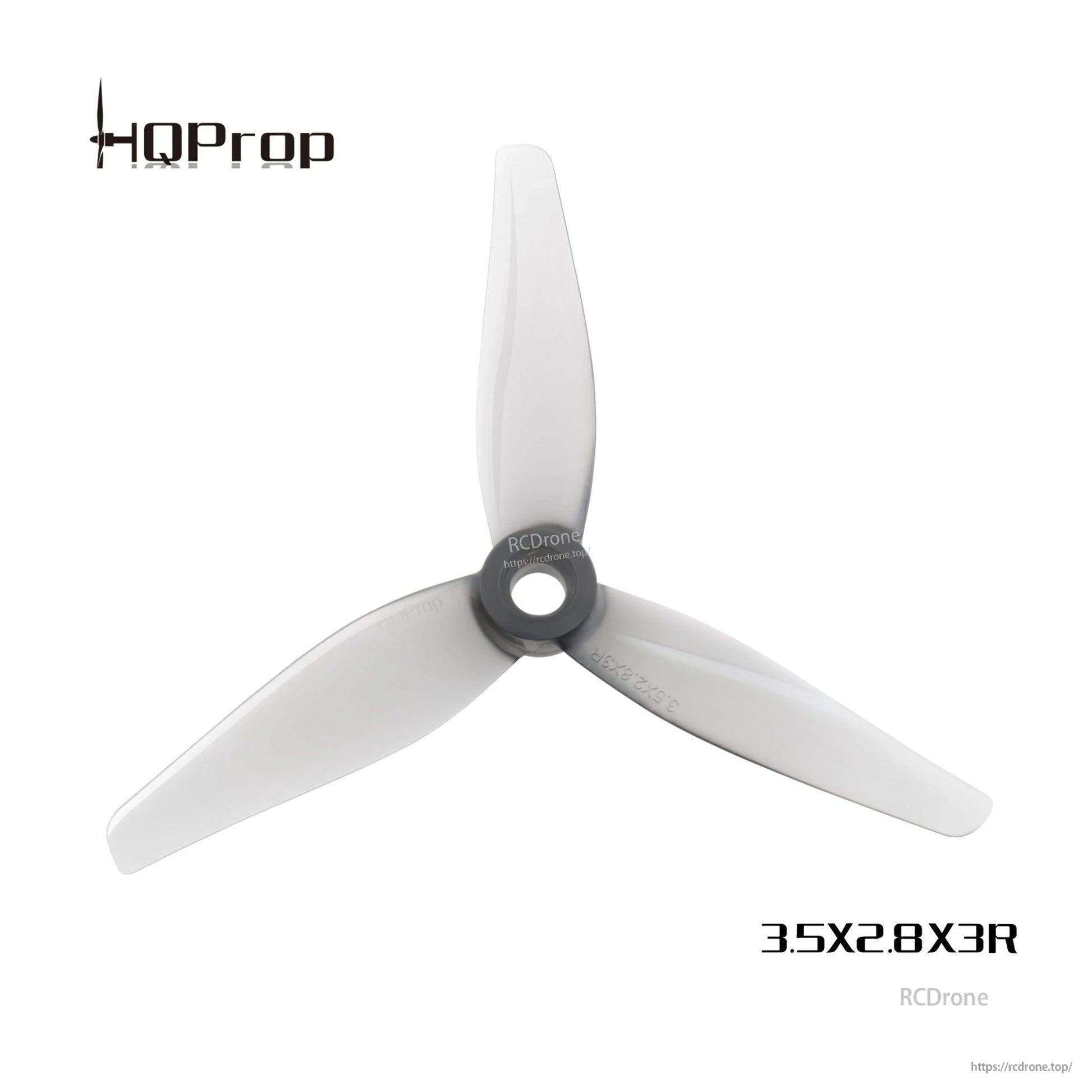 Grey HQProp 3.5X2.8X3R three-blade propeller shown with HQProp logo and RCDone watermark