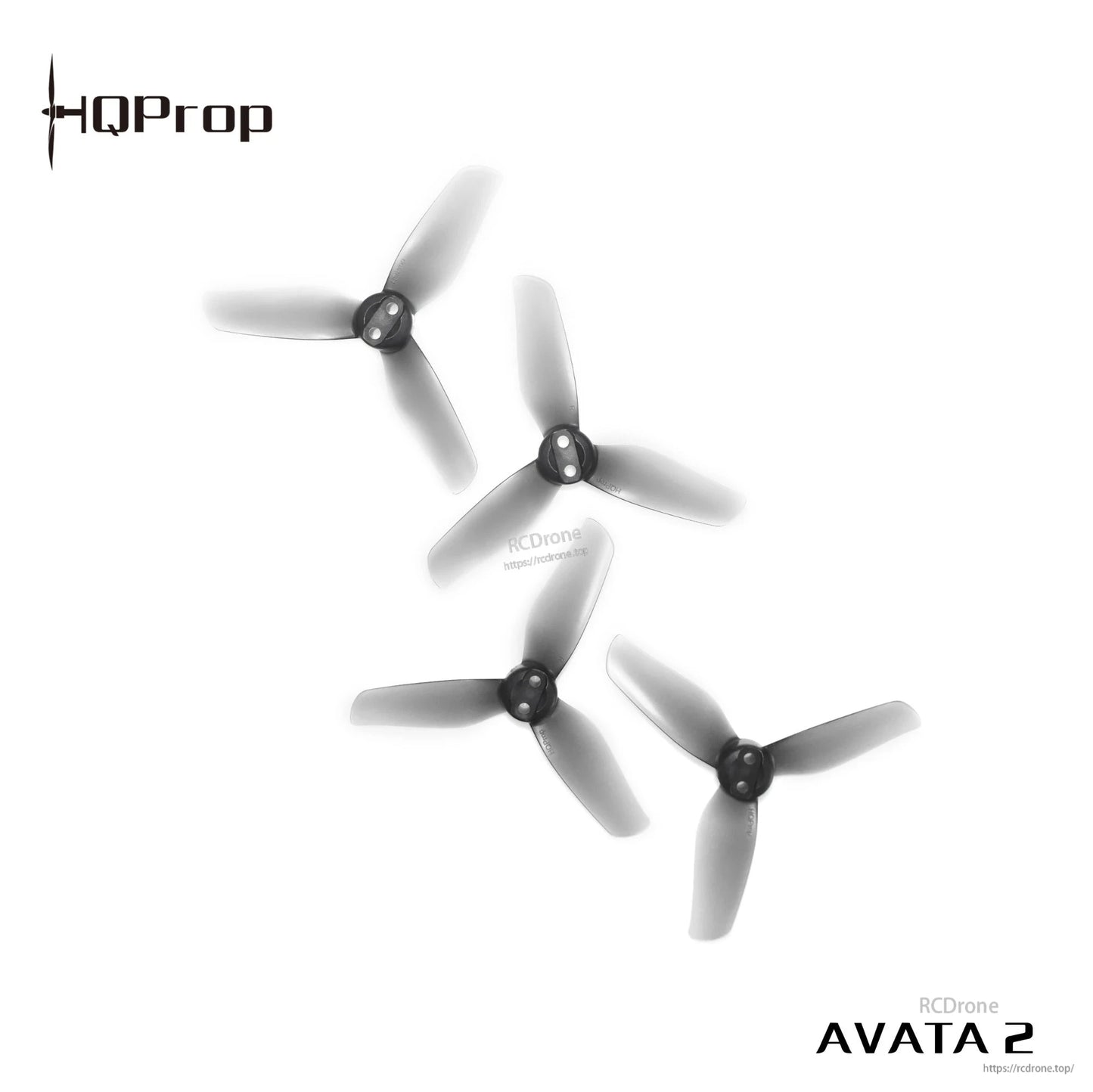 Four grey tri-blade drone propellers arranged diagonally, with AVATA 2 label