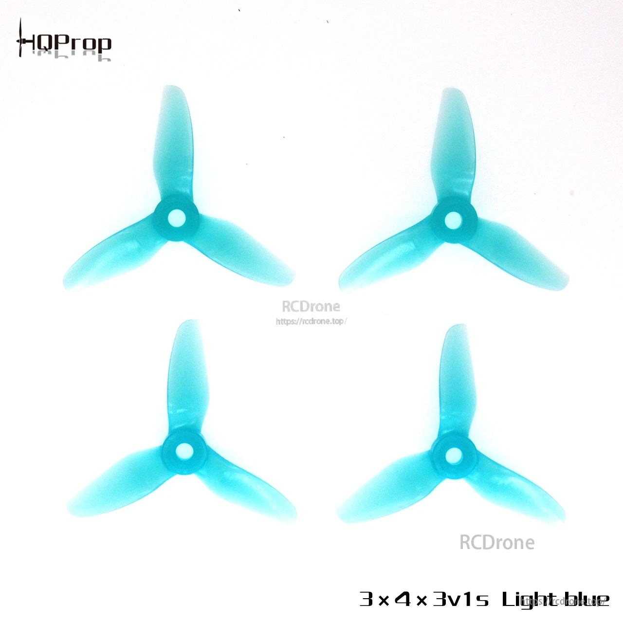 Light blue 3-blade polycarbonate propellers, four-piece set displayed from top view