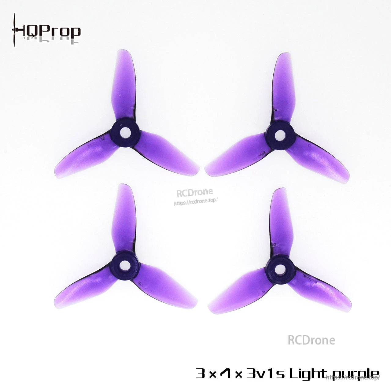 Light purple tri-blade propellers with 5mm center bore, four props shown (two CW and two CCW)