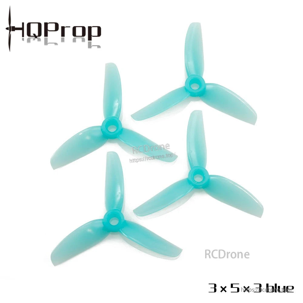HQProp 3x5x3 blue tri-blade propeller set, four pieces shown on white background