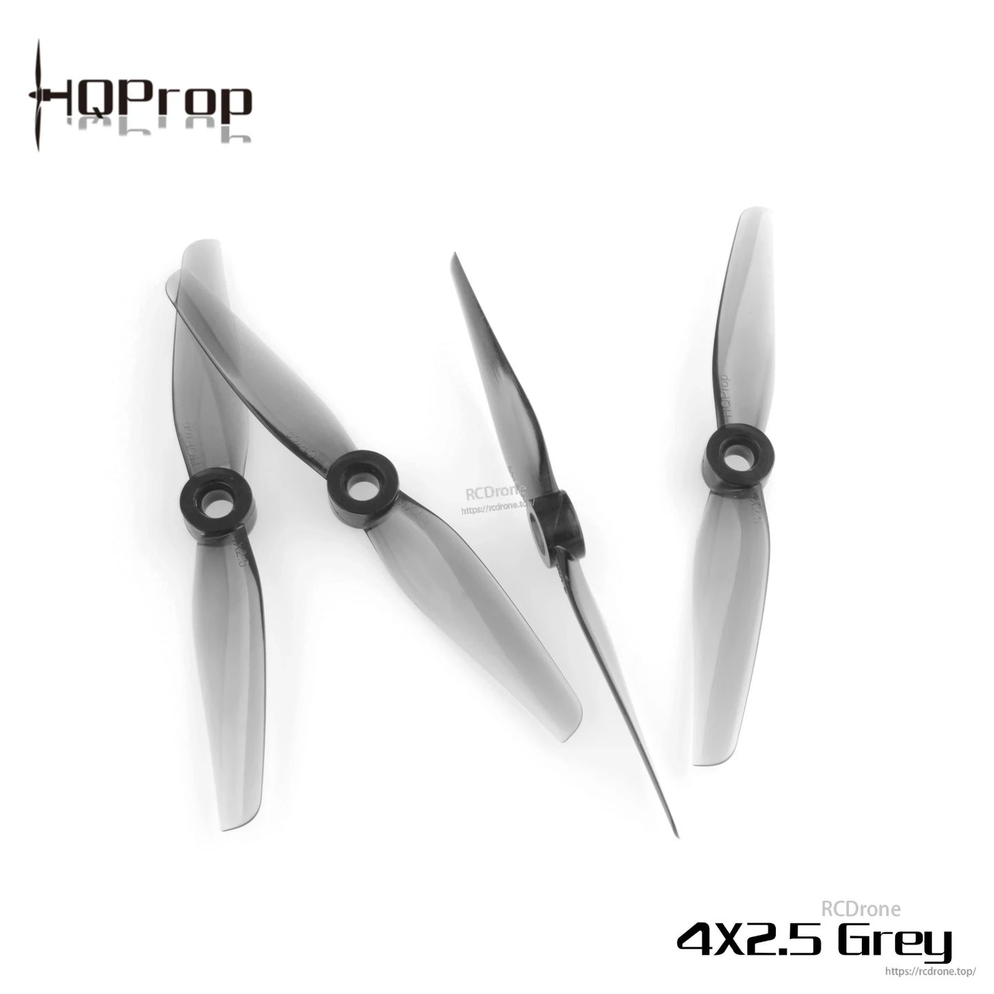 Grey 4x2.5 propellers with one side profile showing blade thickness and hub detail