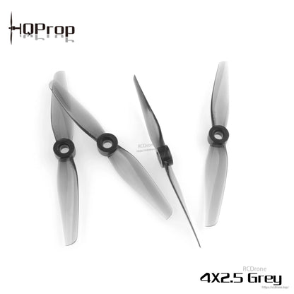 Grey 4x2.5 propellers with one side profile showing blade thickness and hub detail