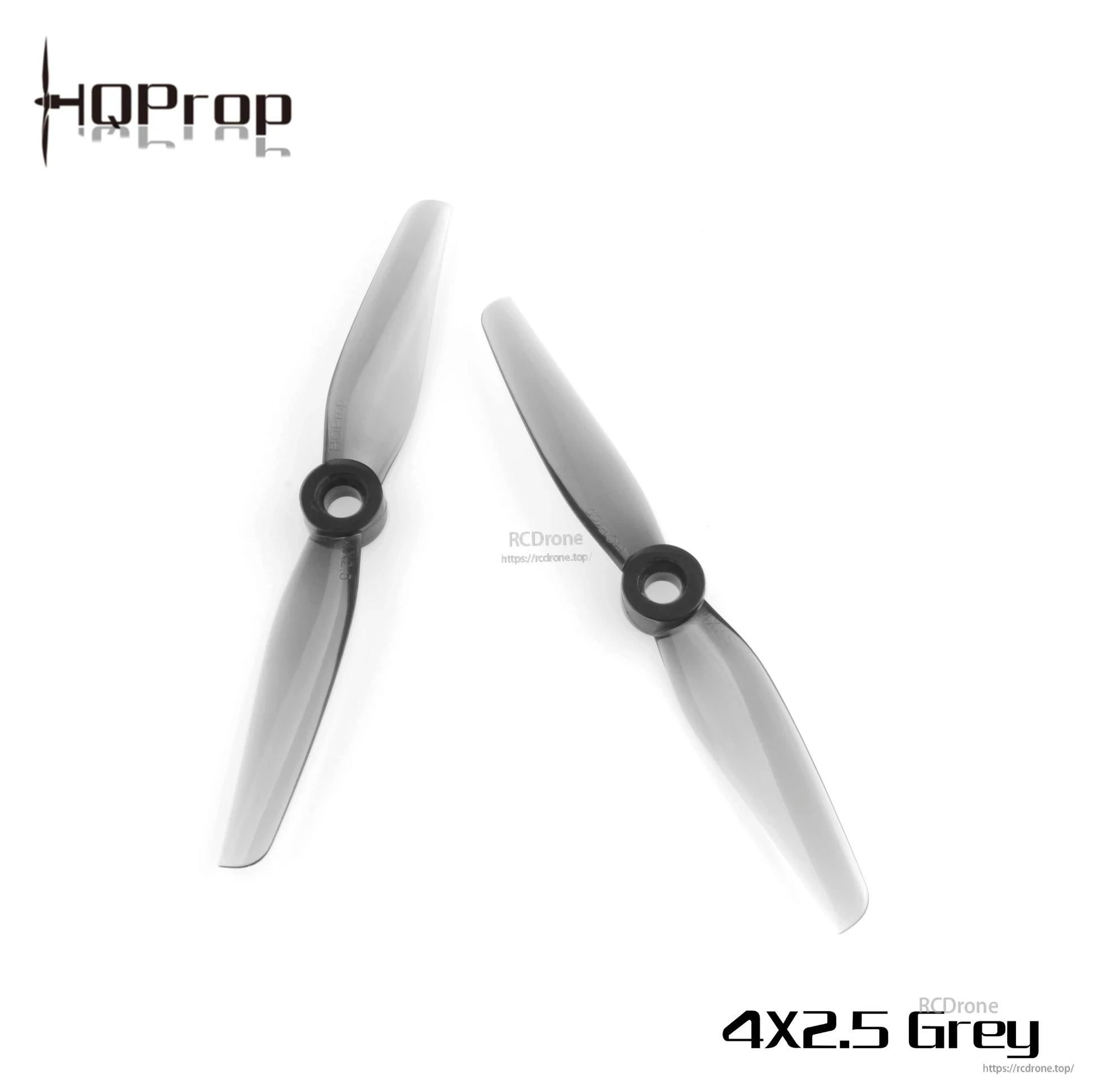 Pair of grey 4x2.5 two-blade propellers, top-down view showing hub centers
