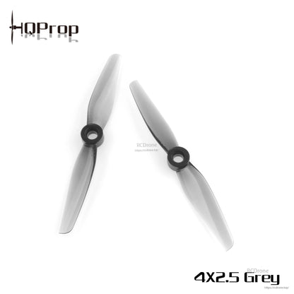 Pair of grey 4x2.5 two-blade propellers, top-down view showing hub centers