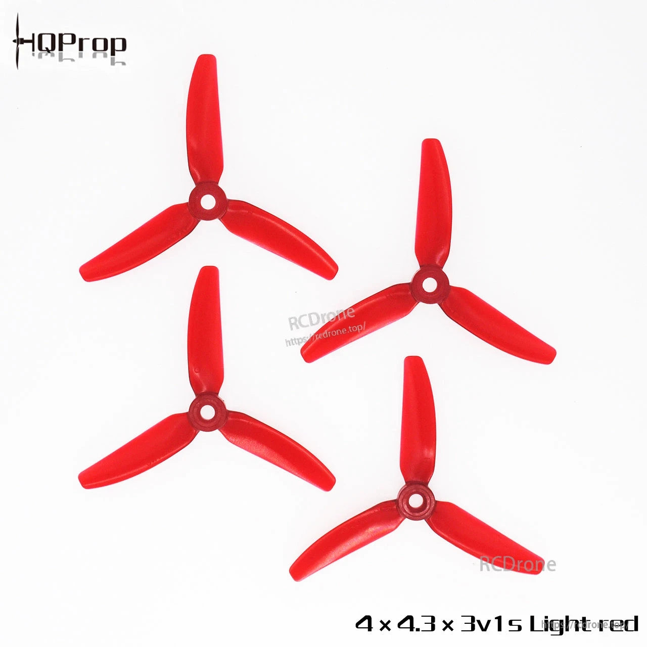 Light red 4x4.3x3V1S three-blade propellers, four-piece set shown with HQProp branding