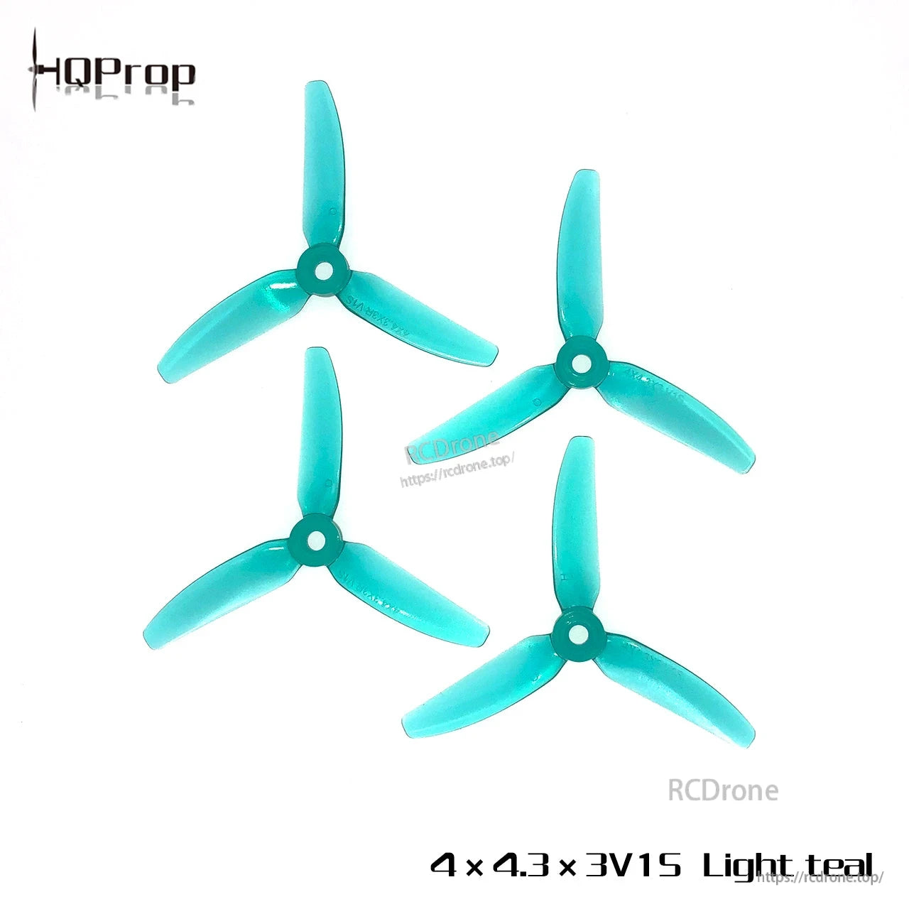 Light teal HQProp 4x4.3x3V1S 3-blade propellers, set of four with printed size text