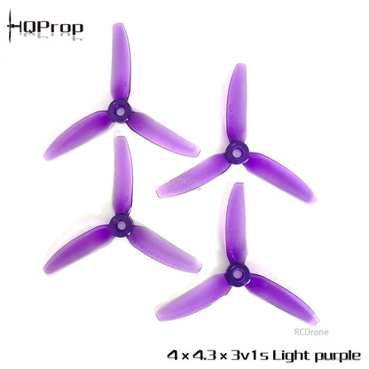 Light purple 4x4.3x3V1S three-blade propellers, four props displayed with HQProp logo