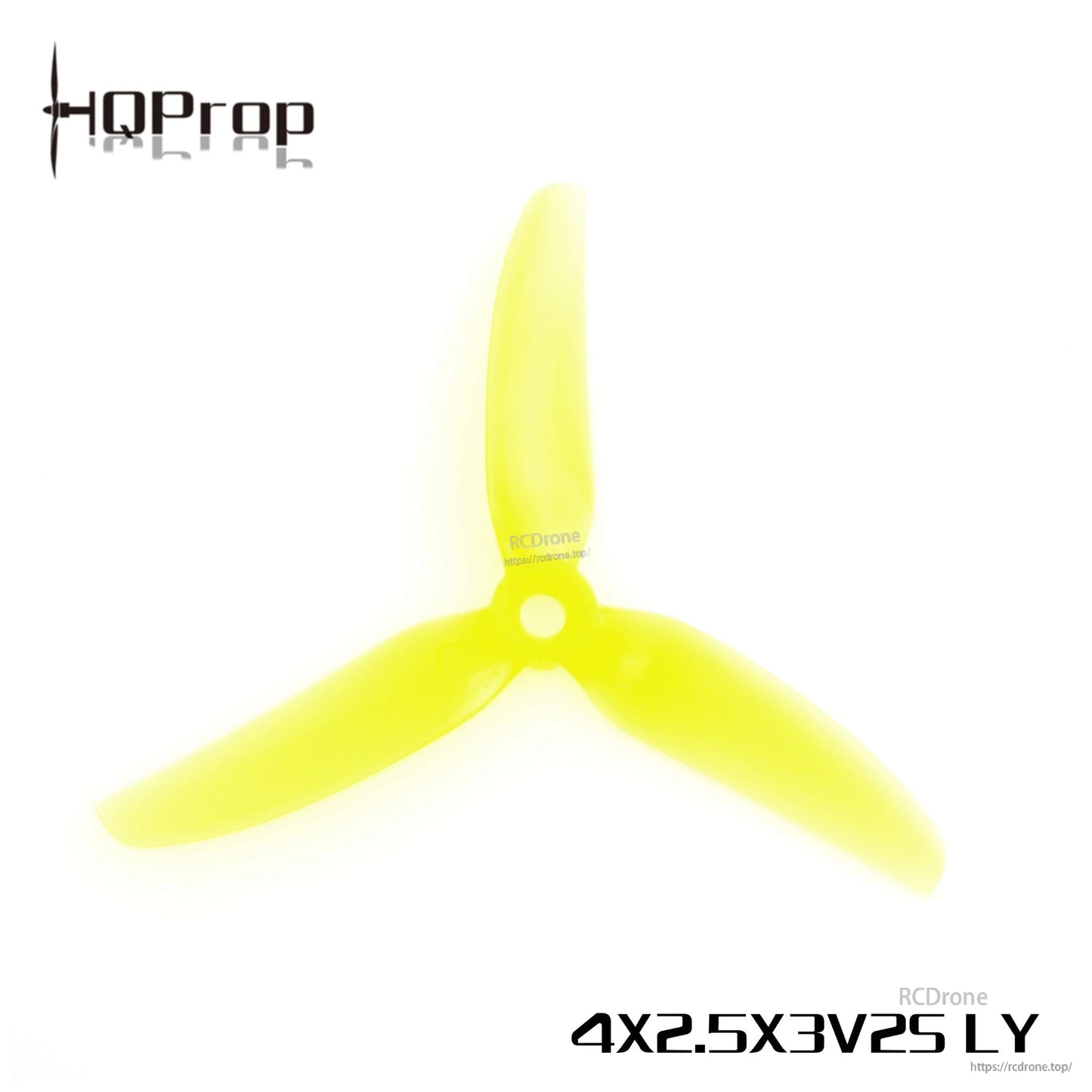 Yellow HQProp 4x2.5x3V2S LY 3-blade propeller, top view highlighting blade profile