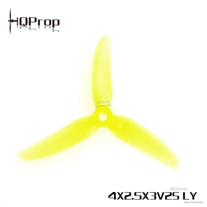 Yellow HQProp 4x2.5x3V2S LY 3-blade propeller, top view highlighting blade profile