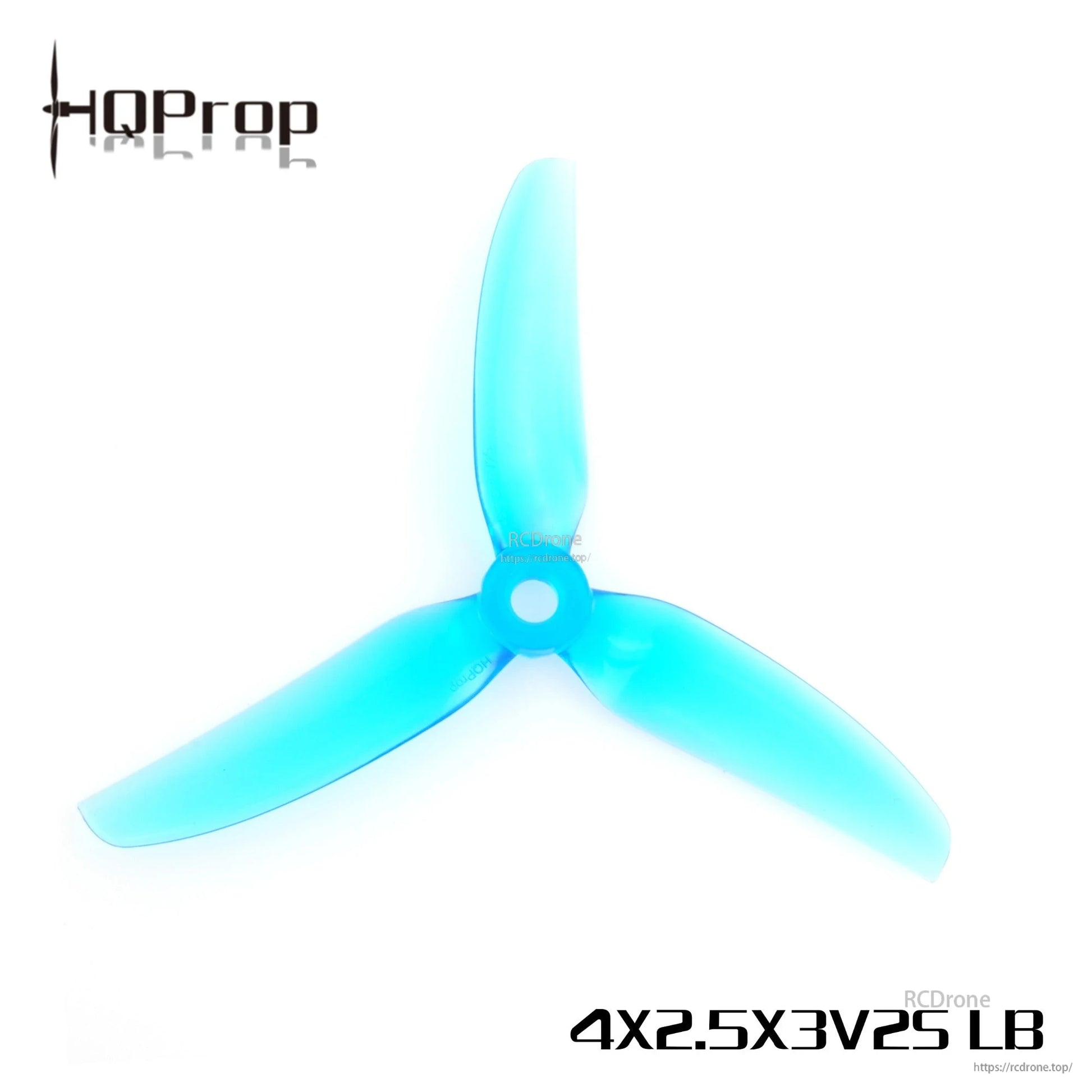 Light blue HQProp 4x2.5x3V2S LB 3-blade propeller, top view with center hub hole