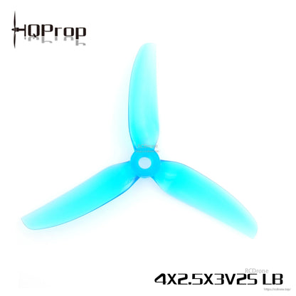 Light blue HQProp 4x2.5x3V2S LB 3-blade propeller, top view with center hub hole