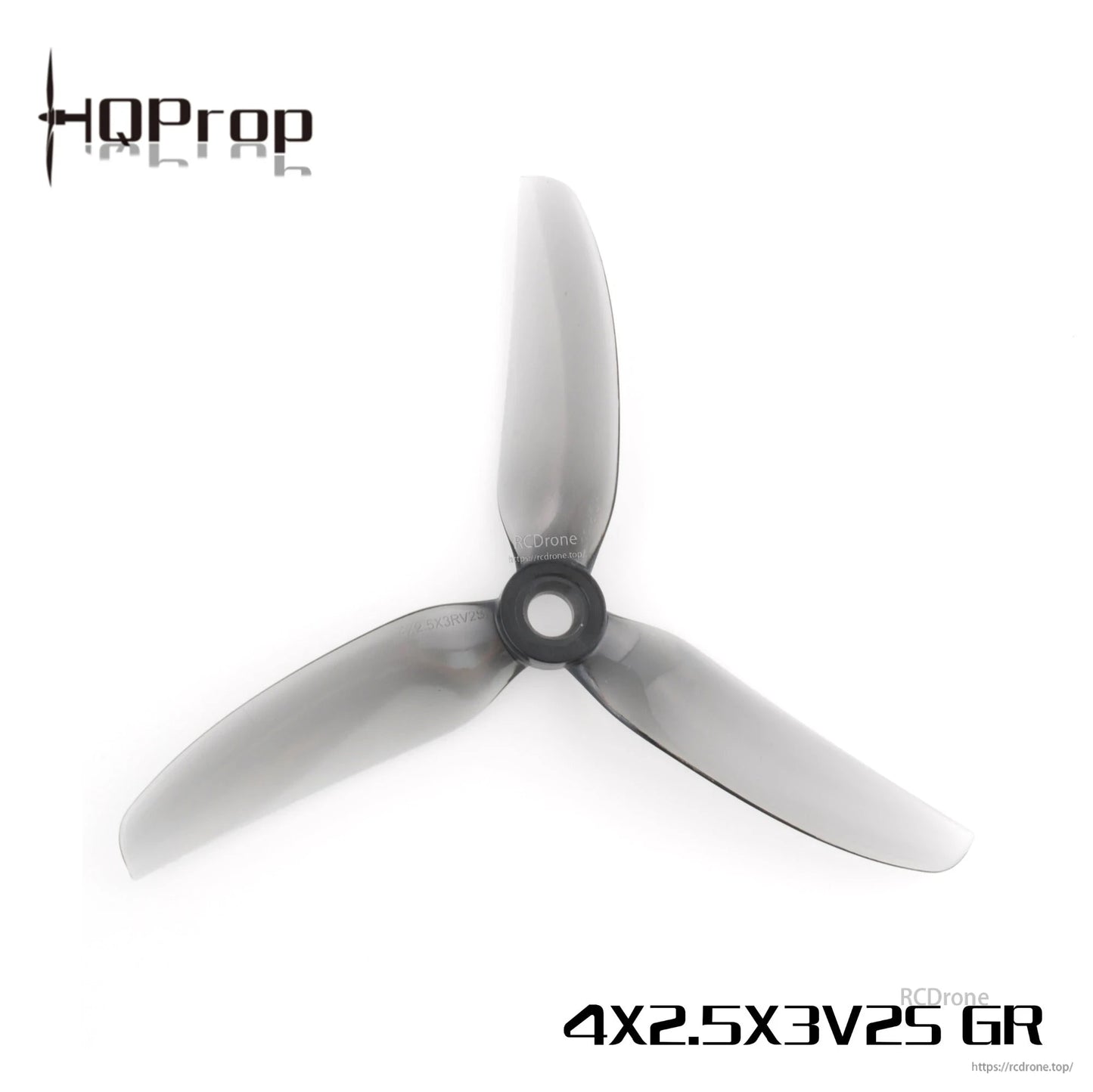 Gray HQProp 4x2.5x3V2S GR 3-blade propeller, top view showing hub and blade shape