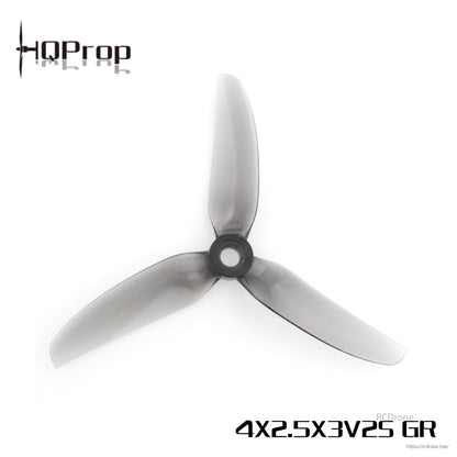 Gray HQProp 4x2.5x3V2S GR 3-blade propeller, top view showing hub and blade shape