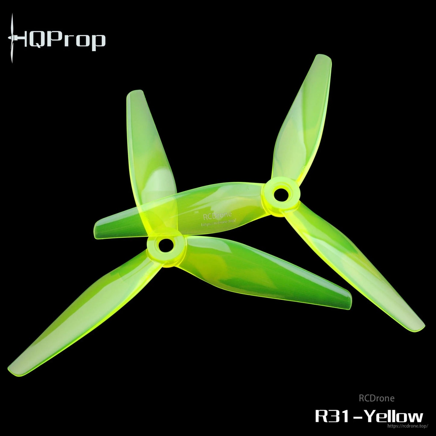 Yellow translucent 3-blade propeller set on black background, two props with visible hubs