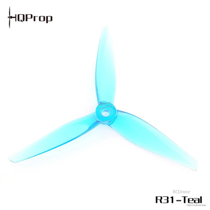 Teal 3-blade propeller close-up, translucent polycarbonate with hub mounting hole