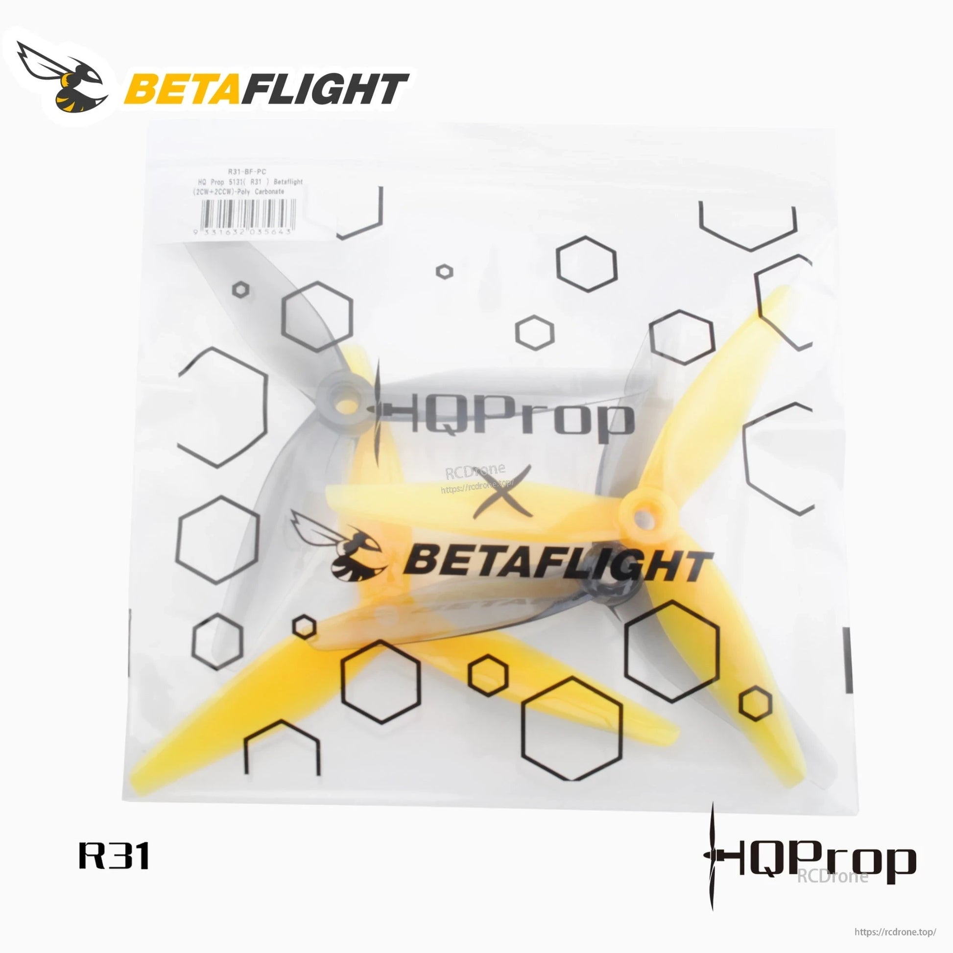 HQProp 5131 (R31) polycarbonate propeller set in sealed bag with barcode label and hex pattern