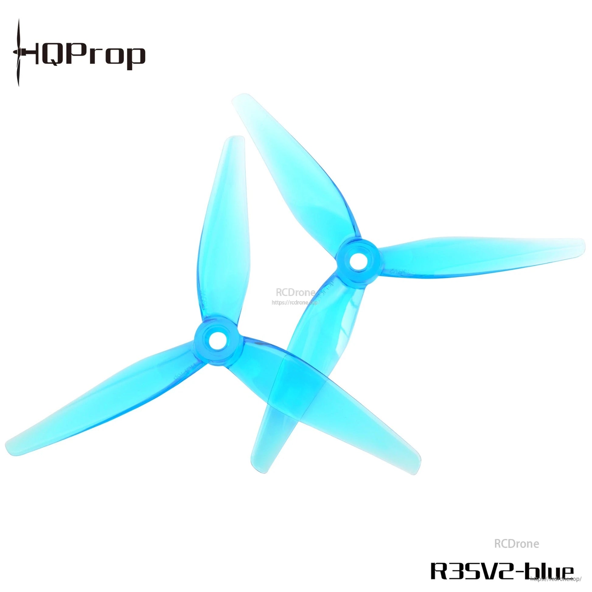 R35V2 blue 3-blade propeller pair, top view with translucent finish