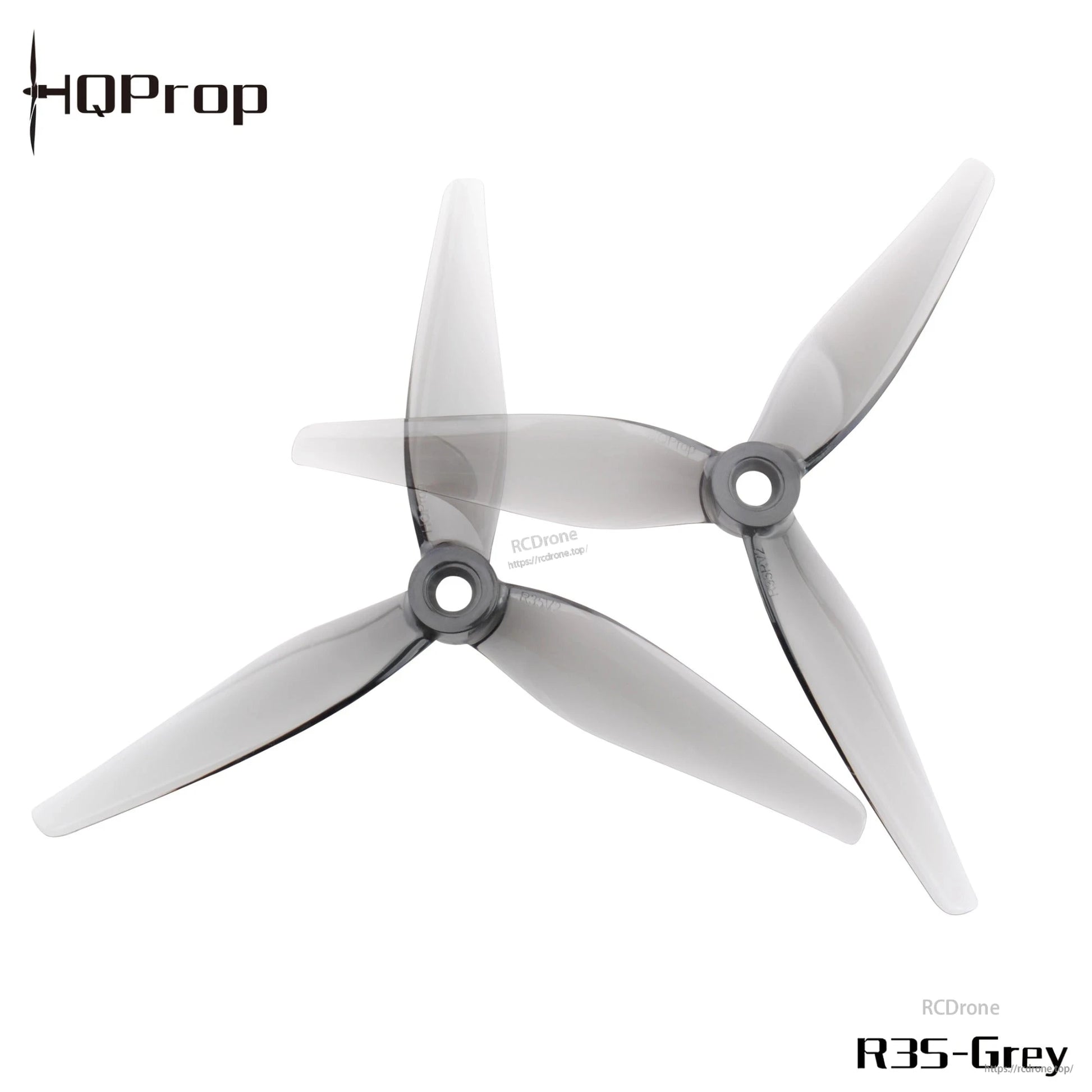 R35V2 grey 3-blade propeller pair, top view showing hub and blade shape