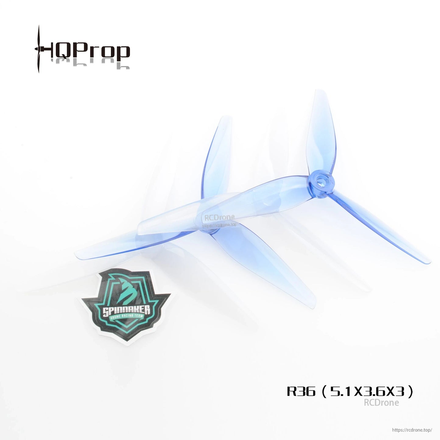 Two translucent blue R36 tri-blade props shown at angle on white background with logo sticker