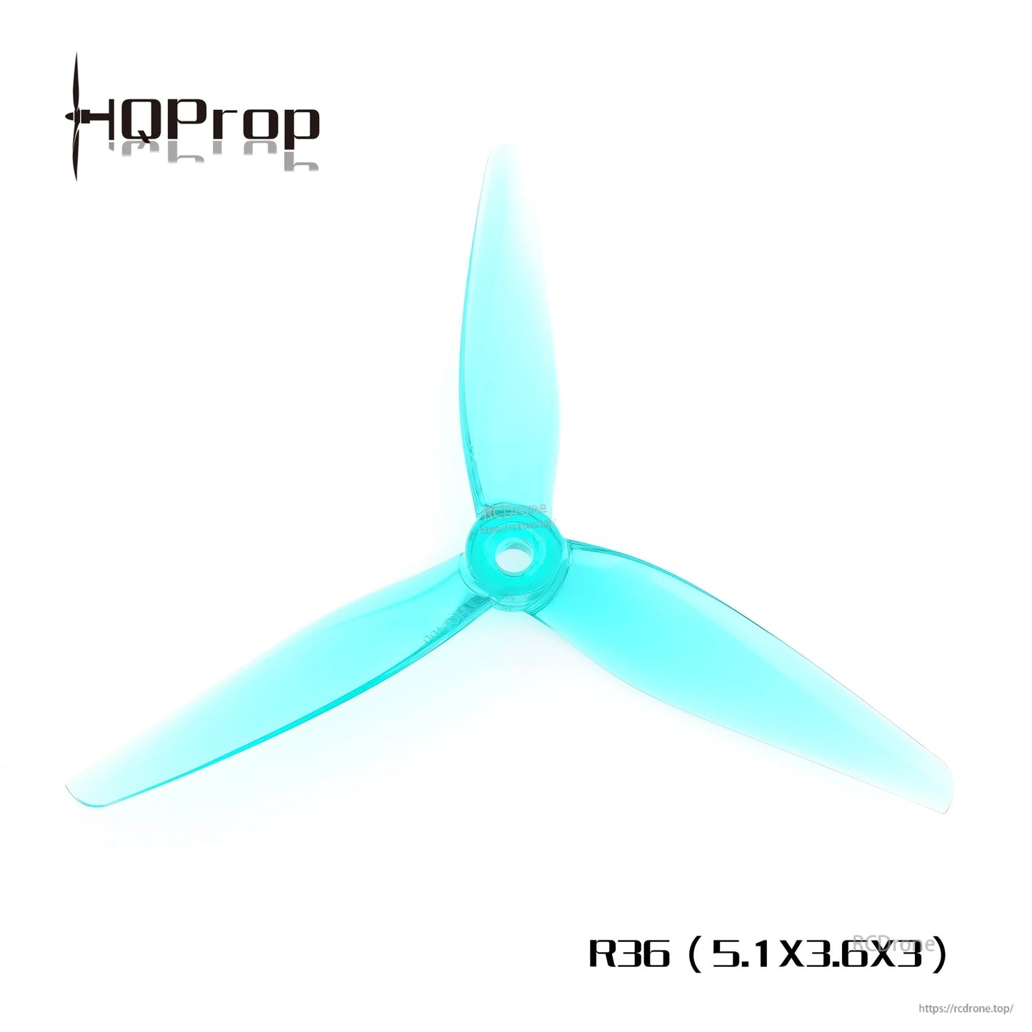 HQProp R36 5.1x3.6 3-blade propeller in translucent cyan, top view