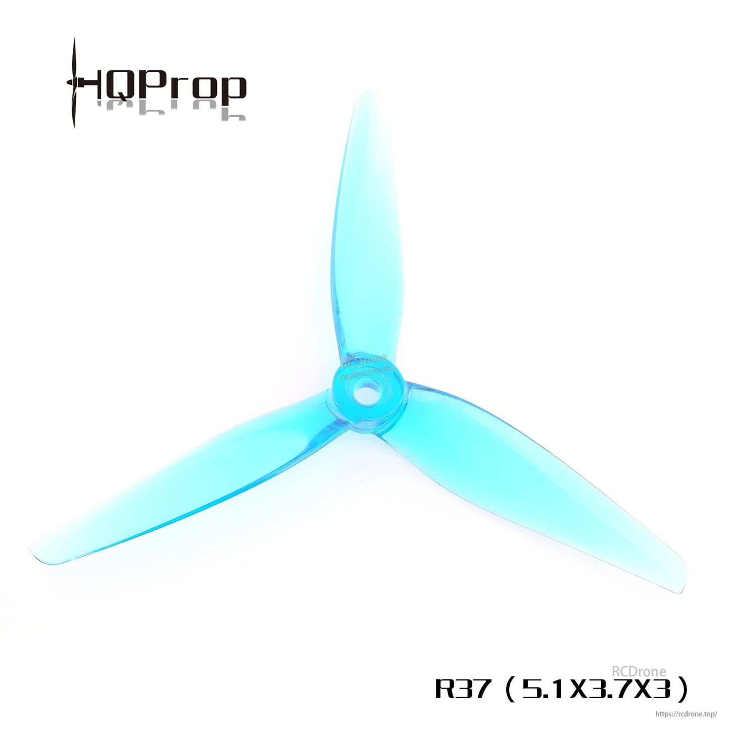 HQProp R37 5.1x3.7x3 tri-blade propeller in translucent blue, product graphic on white