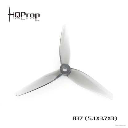HQProp R37 (5.1x3.7x3) 3-blade propeller, smoke gray, product graphic with HQProp logo