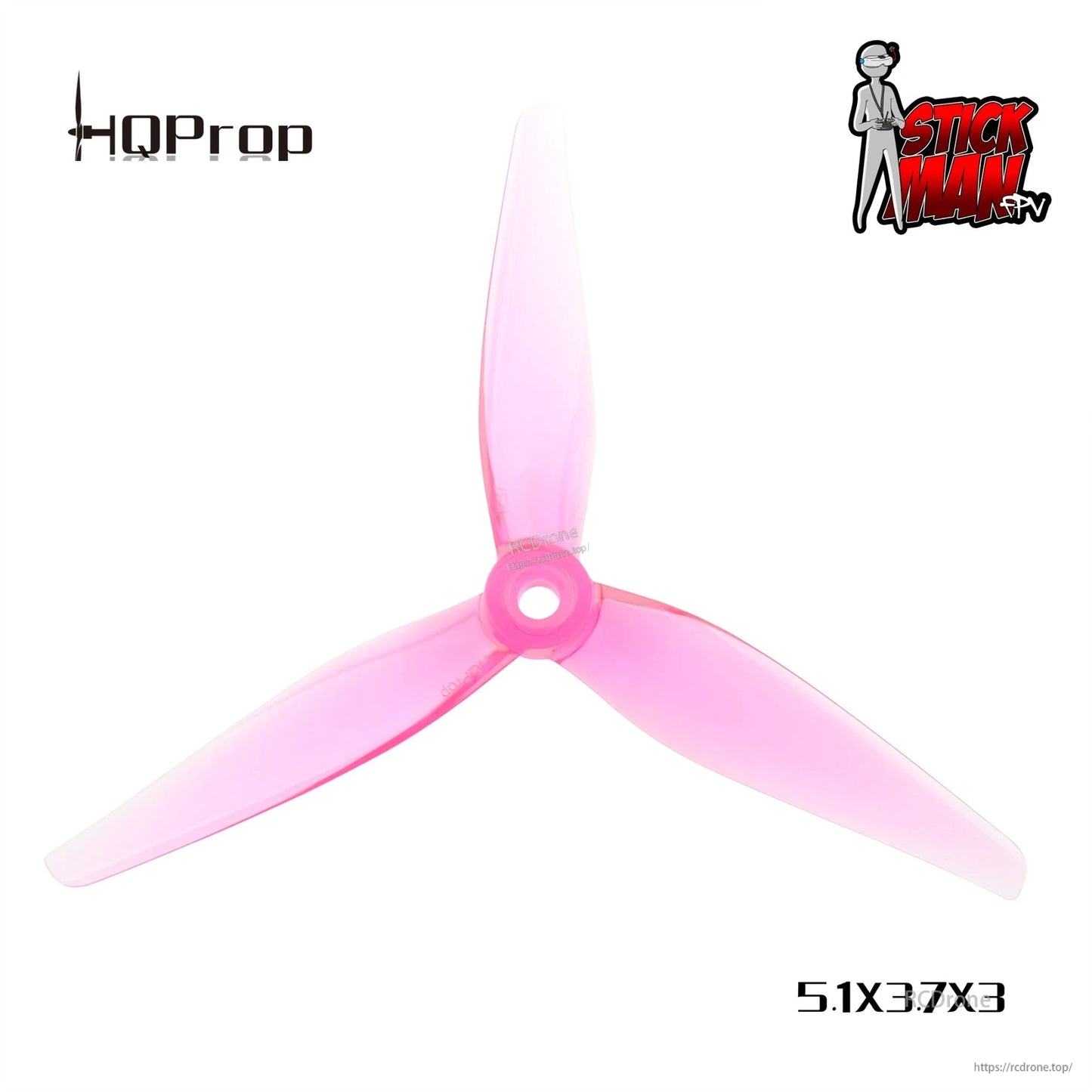 HQProp 5.1x3.7x3 tri-blade propeller in translucent pink, product graphic on white