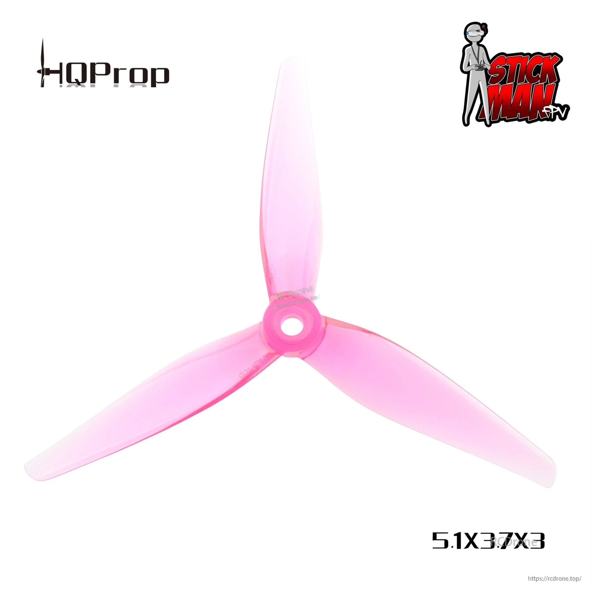 HQProp 5.1x3.7x3 tri-blade propeller in translucent pink, product graphic on white