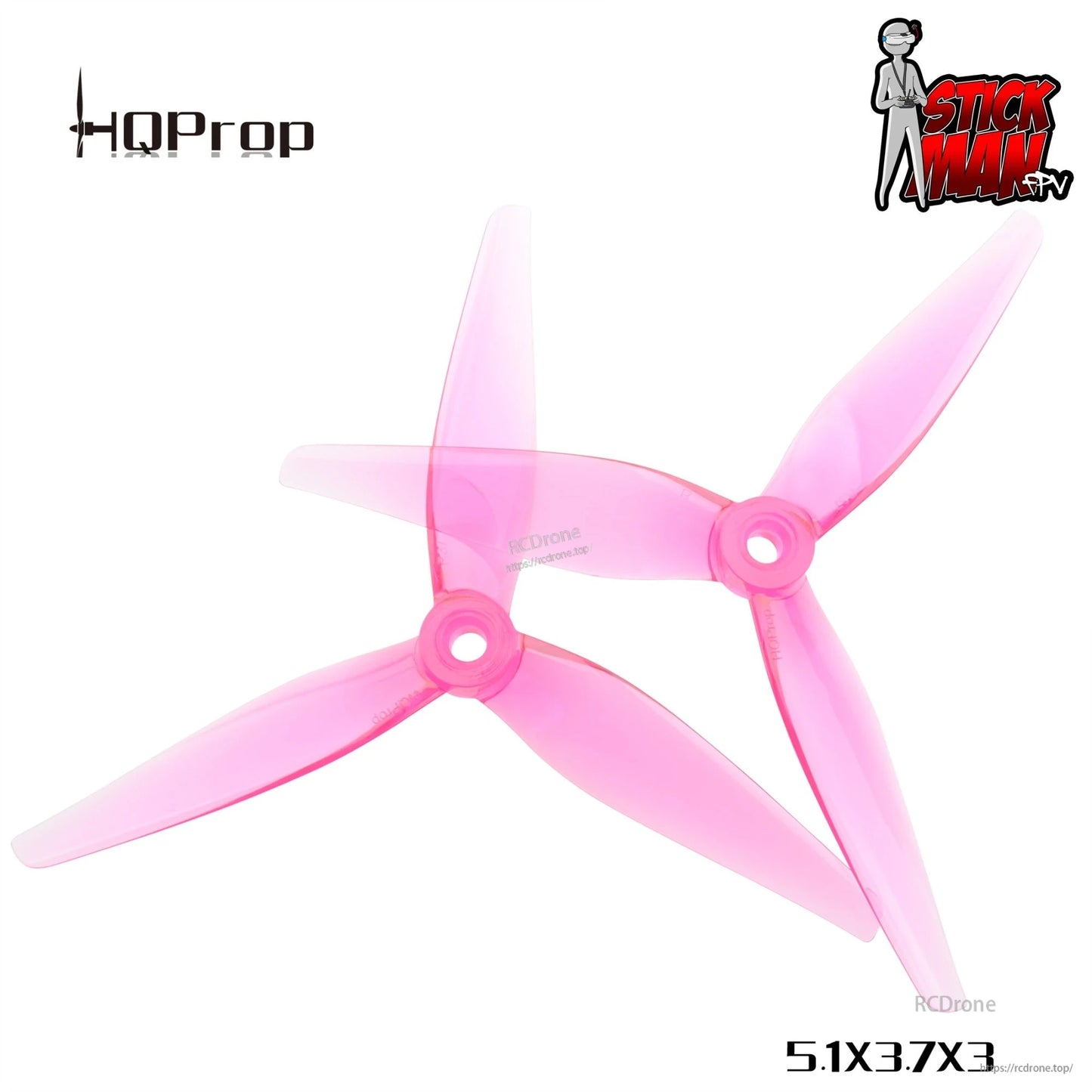 Two translucent pink 5.1x3.7x3 tri-blade propellers shown overlapping, set view on white