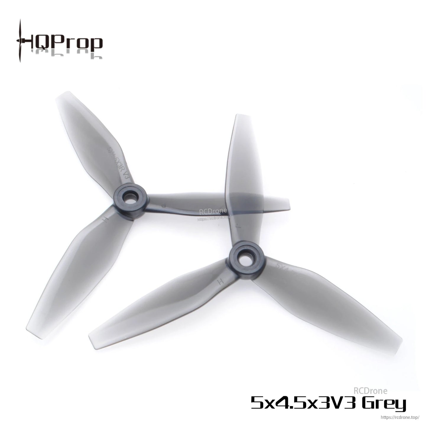 5x4.5x3V3 Grey 3-blade propeller pair, top-down view showing hub and blade profile