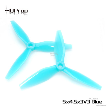 5x4.5x3V3 Blue 3-blade propeller pair, HQProp style, top-down view on white