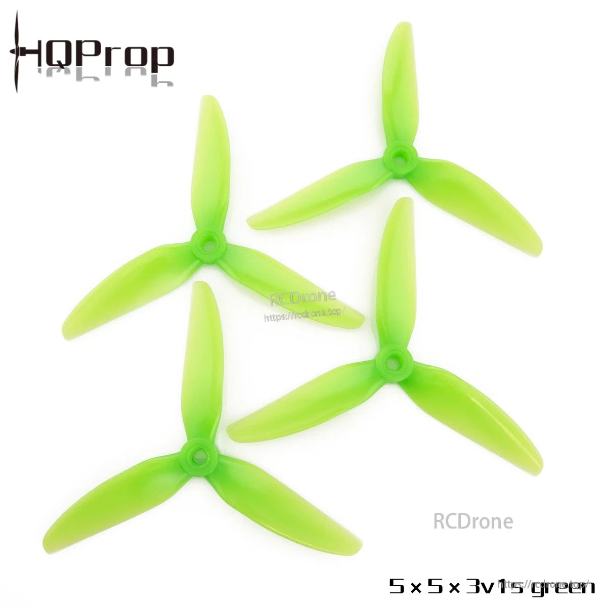 HQProp 5X5X3V1S 5-inch 3-blade propellers set in green, four props shown