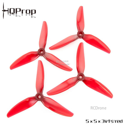 HQProp 5X5X3V1S 5-inch 3-blade propellers set in red, four props with 5mm center bore